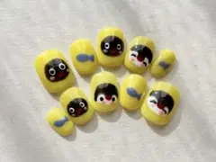 ペンギン ネイルチップ 手描きイエロー ベリーショートラウンド 現品即購入可