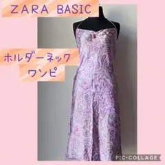 美品 ZARA BASIC 膝丈ワンピース M ピンク×パープル ホルダーネック
