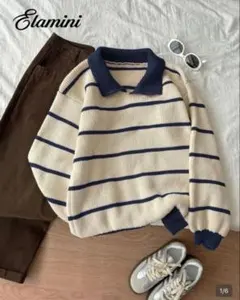 Elamini ボーダー襟付きニット 長袖