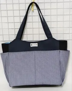 カラーデニムヒッコリー・濃紺・サイドポケット付きトートバッグW・ハンドメイド