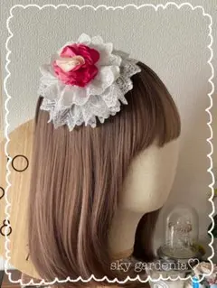 ♡ホワイトダブルレース ピンク薔薇 円形ヘッドドレス ロリータ量産型ゴスロリ♡