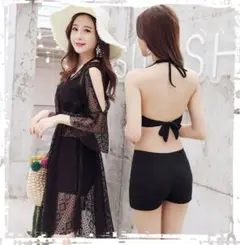 レディース　体型カバー水着3点セット 美胸＆脚長見せ水着