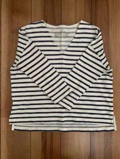 MUJI ボーダー　Vネック 七分袖　ホワイト　ネイビー　カットソー　Tシャツ