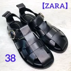 【美品】ZARA 38 ザラ フラットケージ　グルカサンダル ブラックレザー