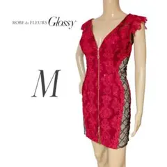 Glossy フロントジッパー 刺繍レース×スパンコール ミニ キャバドレス