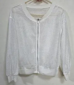 ホワイト メッシュ ジップアップ カーディガン　白
