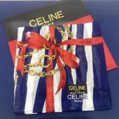 新品✨CELINE　セリーヌ　ハンカチ　リボン　ネイビー　ストライプ　レア柄