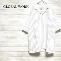 グローバルワーク　フレンチリネンシャツ【M】半袖　ストライプ　麻　レーヨン