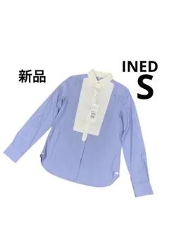 イネド　長袖シャツ　ブラウス　白　青　バイカラー　パールボタン