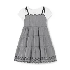 美品　メゾピアノ　カットワークギンガム　ドッキングワンピース　黒　130cm