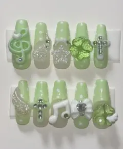 ネイルチップ現品 ドット ウィッシュコア クローバー 黄緑 音符 羽 平成女児