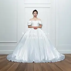 ウエディングドレス.白.Aライン.サテン.刺繍.オフショル.リボン.Y2441