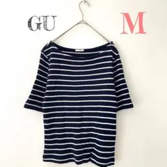 〖ジーユー〗GU ワッフル生地 ボーダーカットソー 半袖 紺 白 (M) 綿