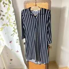 Shellua七分袖 ストライプ ロングシャツ M ネイビー オープンカラー