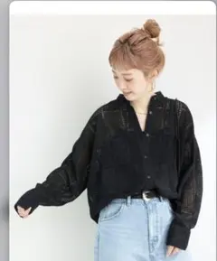 手洗い可 レースシャツブラック 長袖