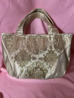 ゴールド系 装飾トートバッグ 小型　袋帯リメイク