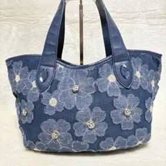 SAVOY デニム アップリケ 花 刺繍 ハンドバッグ ビジュー 内布総柄