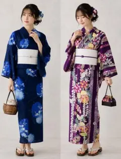 左浴衣、右着物・帯セット 紺色と紫色