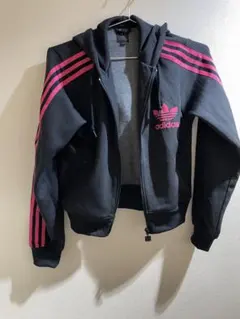 アディダス　ジャージ　黒　ピンク　フード　スリーストライプス　トレフォイル　L