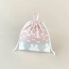 給食袋 ループ付き(白うさぎ柄+リボン柄ピンク)20×22 ハンドメイド