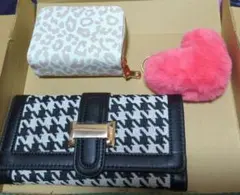 豹柄柄三つ折り財布＆千鳥柄長財布＆キーホルダー セット
