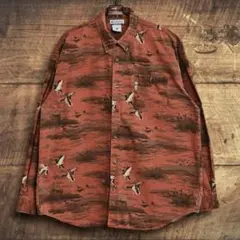 00s コロンビア　総柄　ダック地 ボタンダウンシャツ　テラコッタ系　XL　厚手