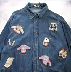 vintage 昭和レトロ古着カントリーワッペン刺繍デニムダンガリーシャツのサムネイル