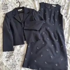 美品☆花柄ワンピース ジャケット セットアップ L ネイビー 入学式卒業式