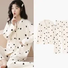 ハートパジャマ♡オフホワイトMサイズ　長袖　春パジャマ　可愛い♡お泊まり　デート