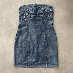 ヴィンテージ 刺繍 デニム ベアワンピ ベアトップ ワンピース ビンテージ ミニ