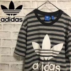 adidas⭐️ボーダーTシャツ S トレファイルロゴ ブラック×グレーのサムネイル