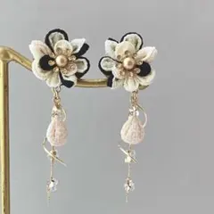 no.43 ブラック×アイボリーニュアンスピアス　イヤリング　和風　着物