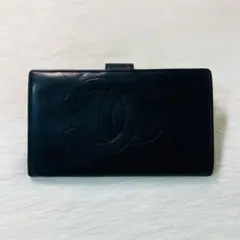 CHANEL シャネル　ラムスキン　長財布　二つ折り　財布　がま口　黒　デカココ