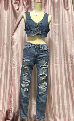 デニムセットアップ クロップトップ＆スキニーパンツ