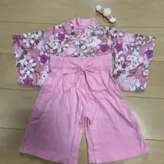 ピンク 花柄 ベビー着物 80サイズ、ヘアバンド、靴下セット