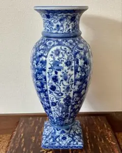 【染付更紗・滑り止めマット付き】龍峰窯 染付花鳥 高34㎝ 花器 花瓶のサムネイル