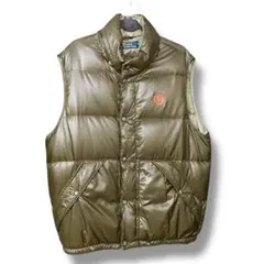 ポロラルフローレン ダウンベスト 牛革 レザーパッチ ロゴ オリーブ 90s