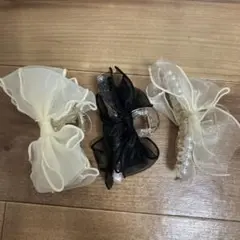 リボン付きヘアクリップ3点セット　チュール　パール系