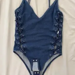 【未使用タグ付き】サイド編み上げ デニム ボディスーツ