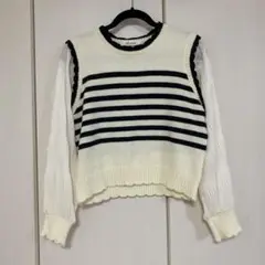 SHEIN シーン 長袖 ボーダー エンボスフリル袖セーター ニット
