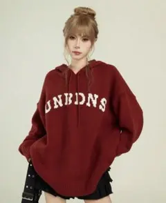 shein カレッジスタイル フード付きニット ヴィンテージ レッド M