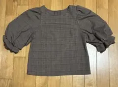 INGN ブラウン チェック柄 パフスリーブ ブラウス