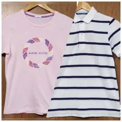 ジーユー GU ピンクTシャツ＆ボーダーポロシャツ 2枚セット メンズ Sサイズ