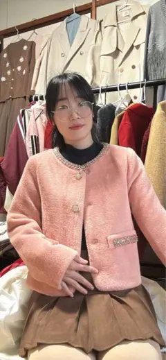 ピンク フリース風ジャケット ボタン付き