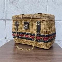 古雑貨ビンテージ品◾️籐ラタン製 蓋付き バスケット 籠 カゴ レトロ
