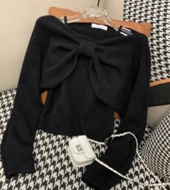ニットキャミソール+リボンボレロセット リボン付きオフショルダーセーターのサムネイル