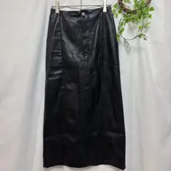 フェイクレザー ロングスカート 【S】 ブラック バックスリット ウエストゴム