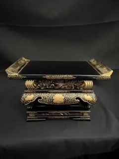 美品 蒔絵 黒金彩 伝統木製 仏具台 おりん台 花台 盆栽台 仏壇用