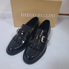 DIEGO BELLINI パテントレザー キルトローファー ブラック　ファーのサムネイル
