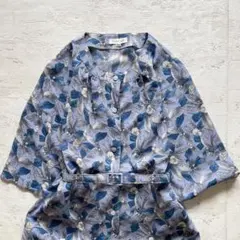 【ヴィンテージ古着】爽やかブルー リーフ×花柄 ベルト付きロング丈ワンピースad